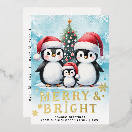 Penguin Familie Vrolijk & Helder Blauw Rood Kerstm Folie Feestdagenkaart