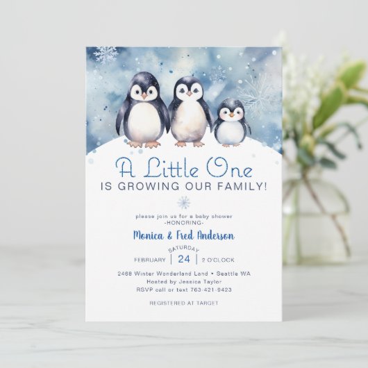Penguin Familie Winter Baby shower Uitnodigen Kaart (Staand voorkant)