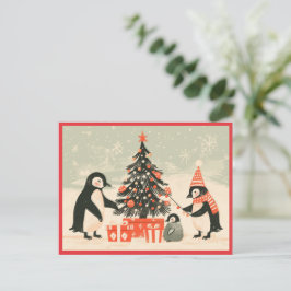 Penguin Family Decorating Christmas Tree Feestdagenkaart