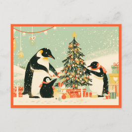 Penguin Family Decorating Christmas Tree Postcard Briefkaart