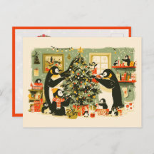 Penguin Family Decorating Christmas Tree Postcard
