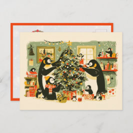 Penguin Family Decorating Christmas Tree Postcard Feestdagenkaart