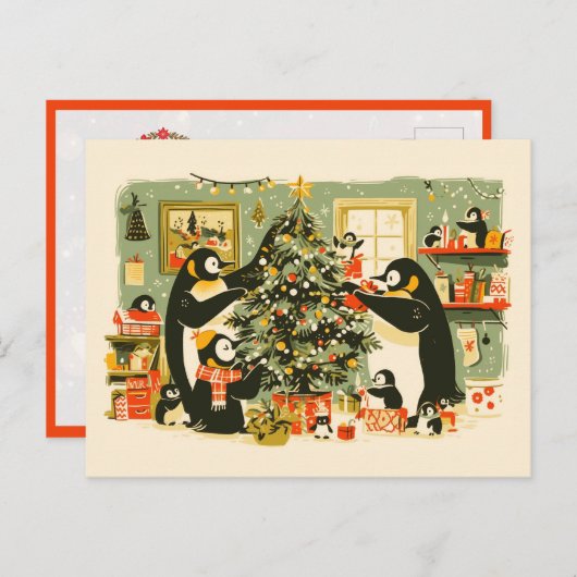 Penguin Family Decorating Christmas Tree Postcard Feestdagenkaart (Voorkant / Achterkant)