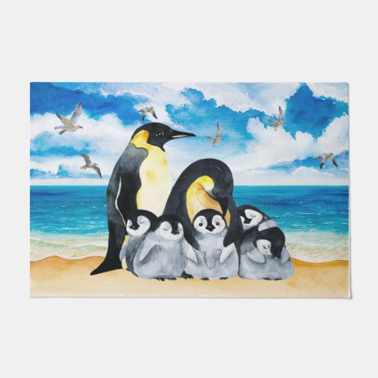 Penguin Family Doormat, Housewarming Gift Deurmat (Voorkant)