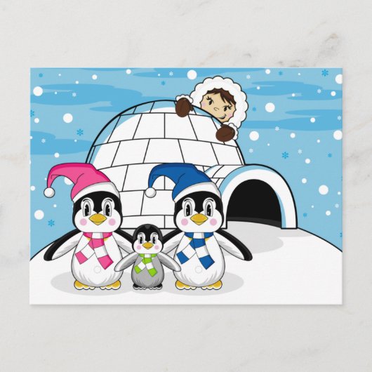 Penguin Family & Eskimo Briefkaart (Voorkant)