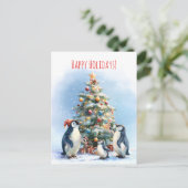 Penguin family joyfully decorating a Christmas tre Briefkaart (Staand voorkant)