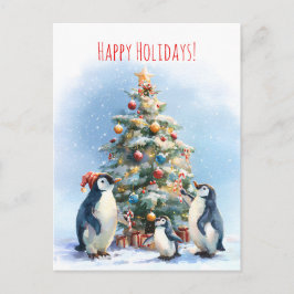 Penguin family joyfully decorating a Christmas tre Briefkaart