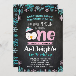 Penguin First Birthday Invitation Chalkboard Kaart