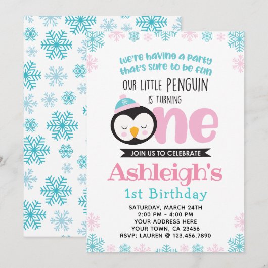Penguin First Birthday Invitation Kaart (Voorkant / Achterkant)