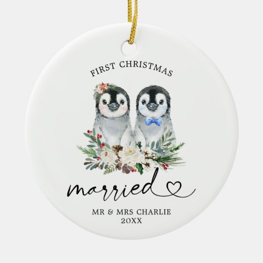 Penguin First kerst gehuwde sierescadeau Keramisch Ornament (Voorkant)