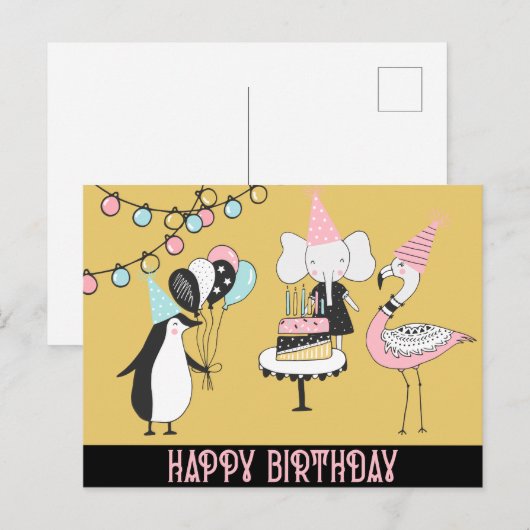Penguin Flamingo Elephant Verjaardag Kaart (Voorkant / Achterkant)