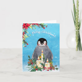 Penguin Floral Waterverf Merry Kerstmis Feestdagen Kaart
