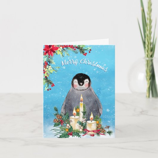 Penguin Floral Waterverf Merry Kerstmis Feestdagen Kaart (Voorkant)
