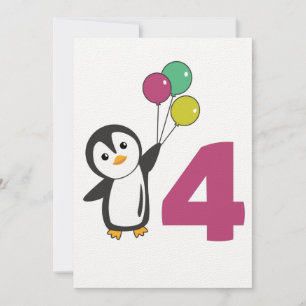 Penguin Fourth Birthday ballons for Kids Invitati Kaart