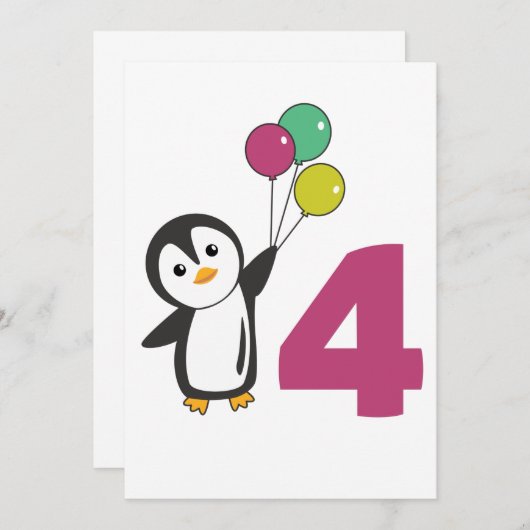 Penguin Fourth Birthday ballons for Kids Invitati Kaart (Voorkant / Achterkant)