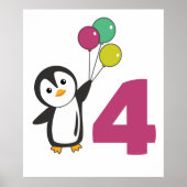 Penguin Fourth Birthday ballons for Kids Poster (Voorkant)