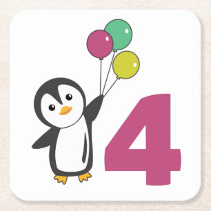 Penguin Fourth Birthday ballons for Kids Square P Kartonnen Onderzetters
