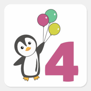 Penguin Fourth Birthday ballons for Kids Square S Vierkante Sticker