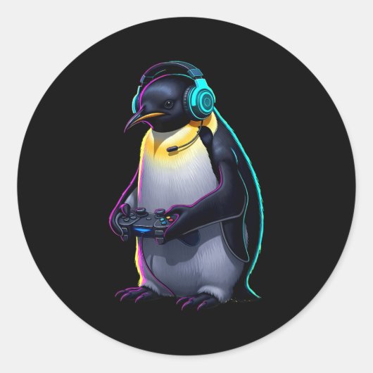 Penguin Gaming Animal Video Games Funny Penguin Ronde Sticker (Voorkant)
