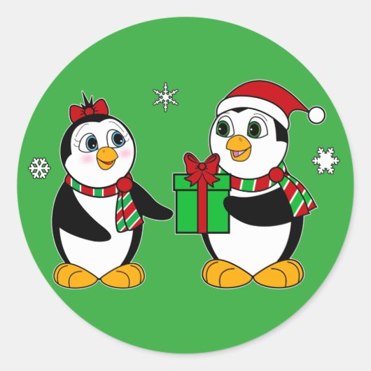 Penguin geeft zijn vriend een kerstcadeau ronde sticker (Voorkant)