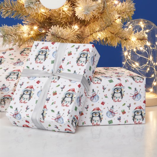 Penguin gepersonaliseerde kerstcadeau wrap cadeaupapier (Feestdagen)
