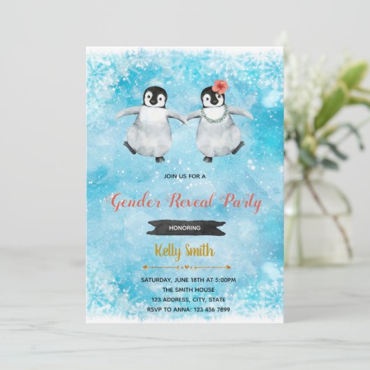 Penguin geslacht onthulling feest uitnodiging (Staand voorkant)