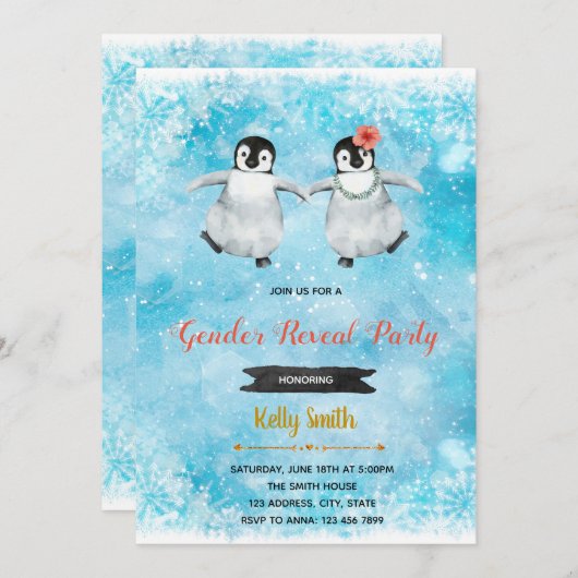 Penguin geslacht onthulling feest uitnodiging (Voorkant / Achterkant)