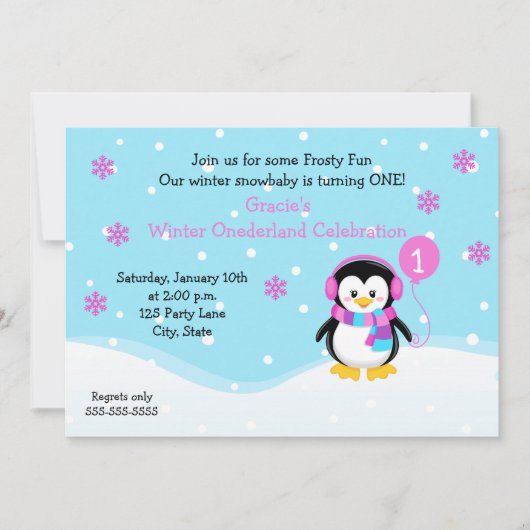 Penguin Girl Birthday Uitnodiging (Voorkant)