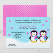 Penguin Girl Twins Verjaardag Uitnodiging (Voorkant / Achterkant)