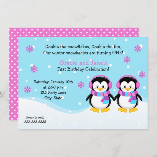 Penguin Girl Twins Verjaardag Uitnodiging (Voorkant / Achterkant)