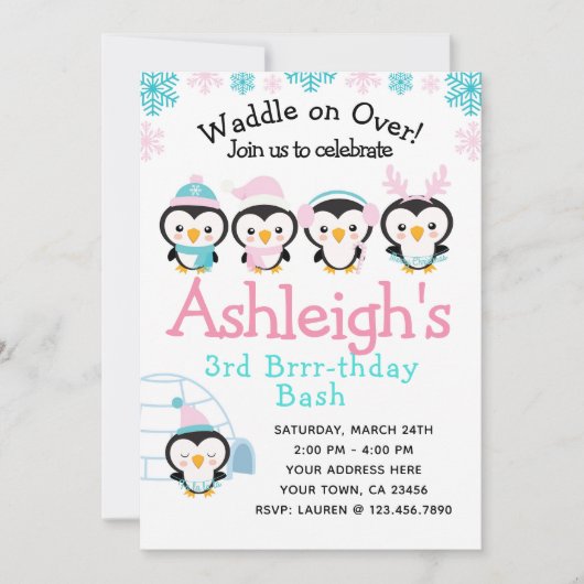 Penguin Girl Verjaardag Uitnodiging (Voorkant)