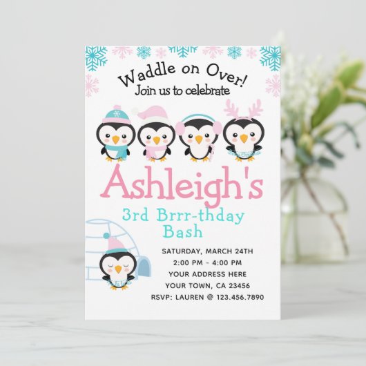 Penguin Girl Verjaardag Uitnodiging (Staand voorkant)