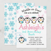 Penguin Girl Verjaardag Uitnodiging (Voorkant / Achterkant)