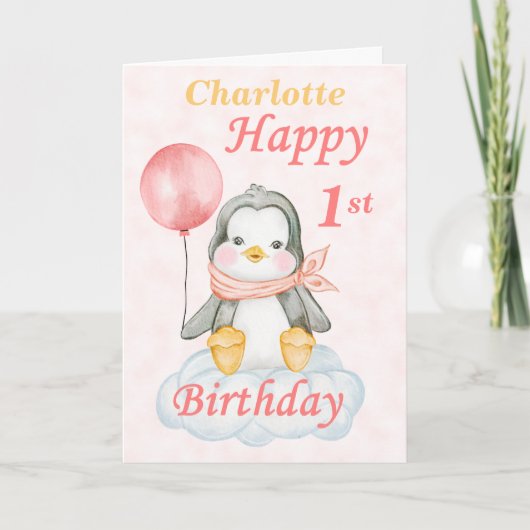 Penguin Happy 1st Birthday Kaart (Voorkant)