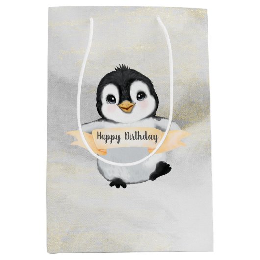 Penguin Happy Birthday Medium Cadeauzakje (Voorkant)