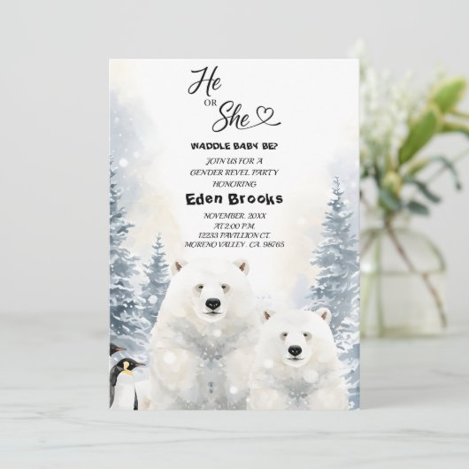 Penguin He or She Evergreen Winter Gender Reveal  Kaart (Staand voorkant)