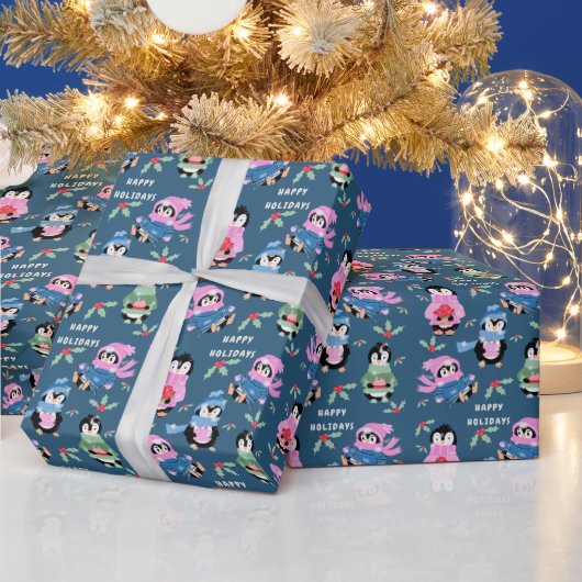 Penguin Holiday Crew Pattern Blue Wrapping Paper Cadeaupapier (Feestdagen)
