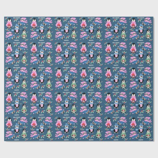 Penguin Holiday Crew Pattern Blue Wrapping Paper Cadeaupapier (Vlak)