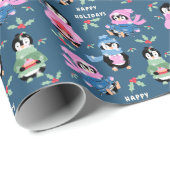 Penguin Holiday Crew Pattern Blue Wrapping Paper Cadeaupapier (Rol Hoek)