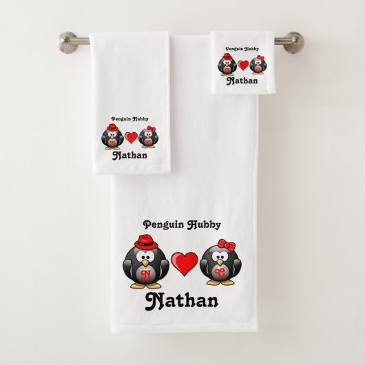 Penguin Hubby Schattig Mate Red Heart Pet Bad Handdoek (Insitu)