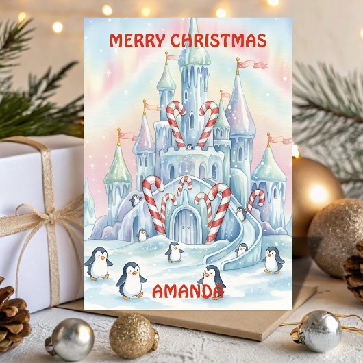 Penguin Ice Castle Kids Christmas Card Feestdagen Kaart