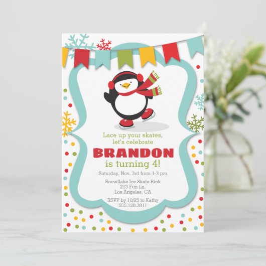 Penguin Ice Schaats Winterverjaardagsfeestje Kaart (Staand voorkant)
