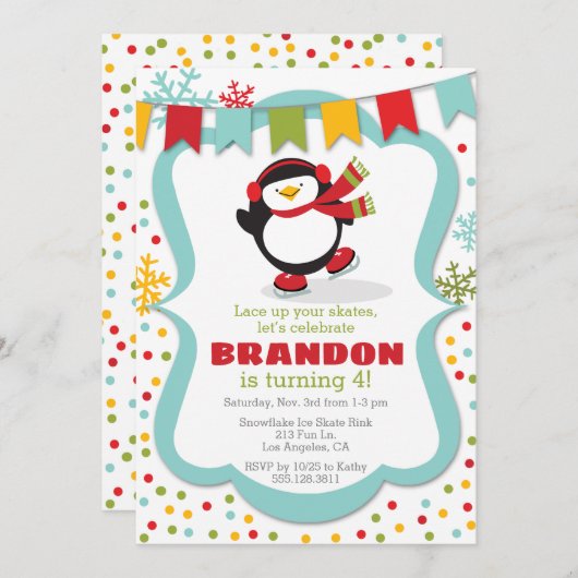 Penguin Ice Schaats Winterverjaardagsfeestje Kaart (Voorkant / Achterkant)