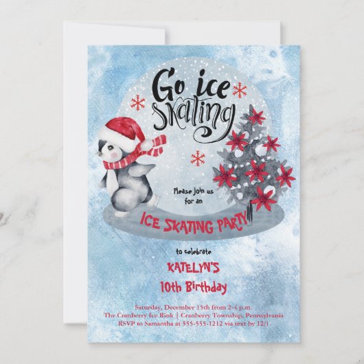 Penguin Ice Skating Holiday 10e verjaardag Kaart (Voorkant)