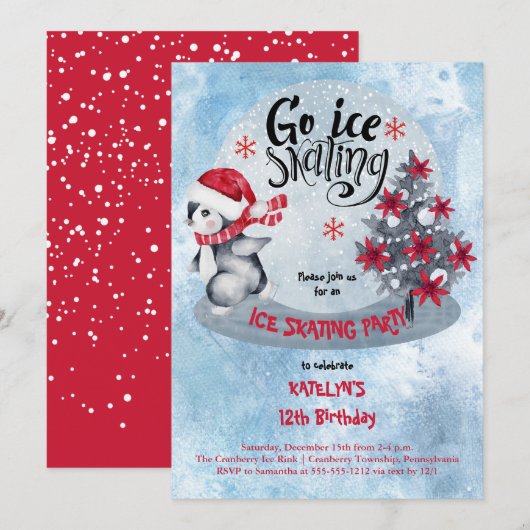 Penguin Ice Skating Holiday 12e verjaardag Kaart (Voorkant / Achterkant)