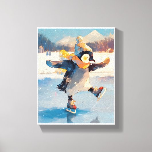 Penguin Ice Skating Winter Nursery Wall Art Canvas (Voorkant)