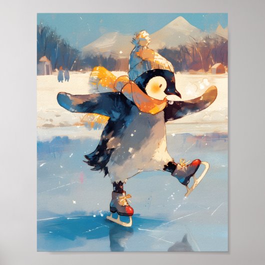 Penguin Ice Skating Winter Nursery Wall Art Poster (Voorkant)