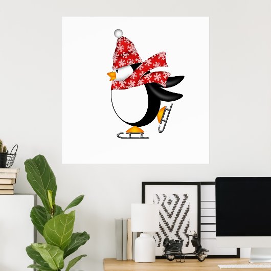 Penguin Ice Skating with Pet and Scarf Bag Poster (Thuiskantoor)