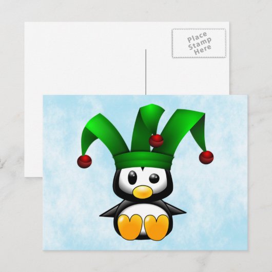 Penguin in Green Jester's Pet Briefkaart (Voorkant / Achterkant)