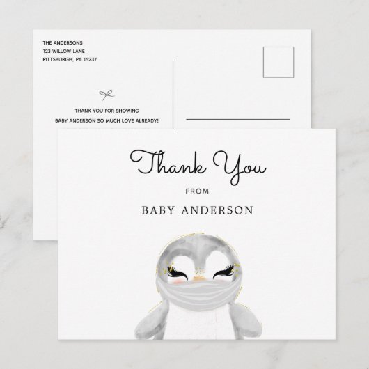 Penguin in Mask Baby shower Bedankt Briefkaart (Voorkant / Achterkant)
